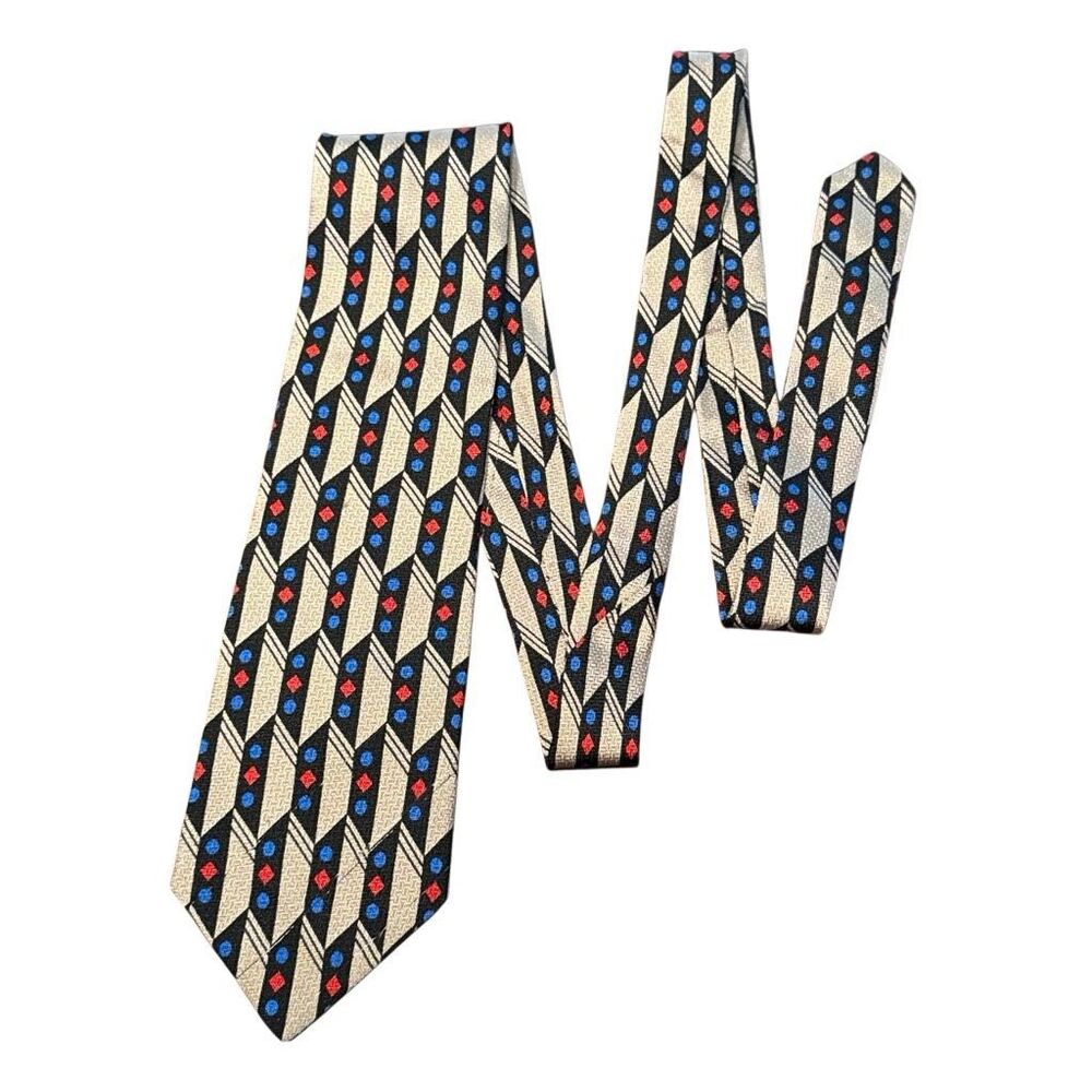 Vintage 1980s Cedrics 100% Silk Tie Tan Black Red Blue 3.75” x 58”